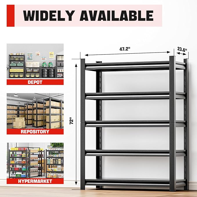 5 Shelf Heavy Duty Garage Shelving – Durable Metal Storage Shelf Organizer - Image 2