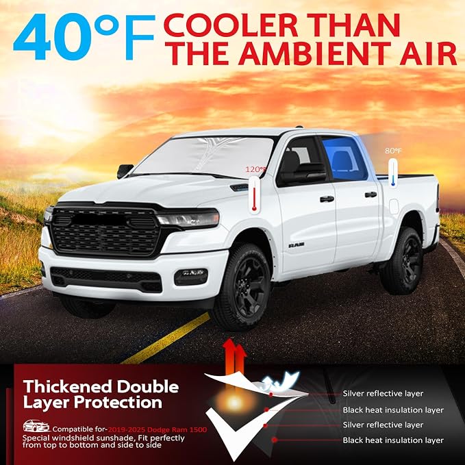 KAYZT Windshield Sun Shade for 2019-2025 2026 Dodge Ram 1500 CrewCab, MegaCab - Image 2