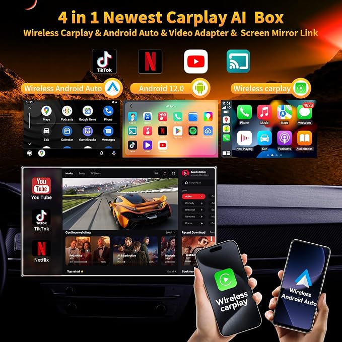 4-in-1 Carplay Ai Box, Wireless CarPlay & Android Auto Adapter, Compatible - Image 2