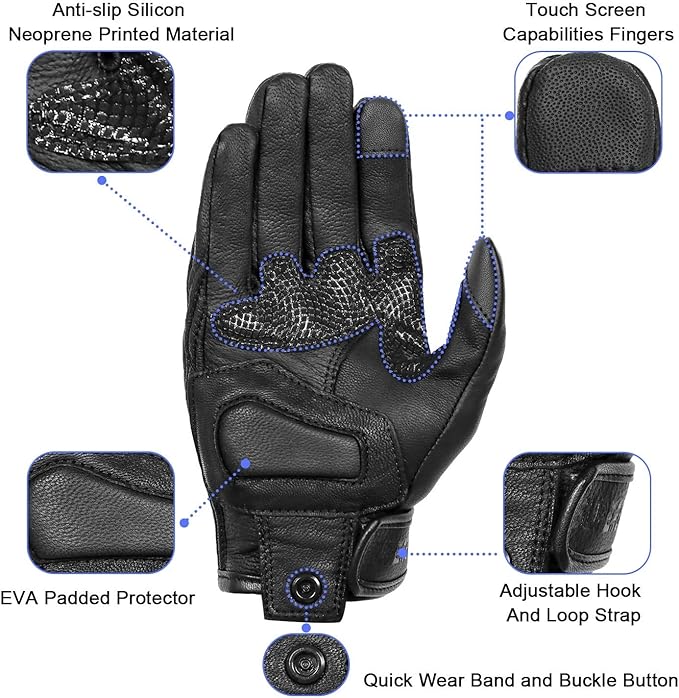 Updated Full Finger Leather Motorcycle Gloves Phone Touch Goat Skin Black - Image 3