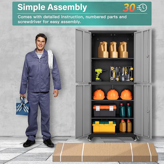 Metal Storage Cabinet with Wheels, Rolling Garage Storage Cabinet with Lock - Image 7