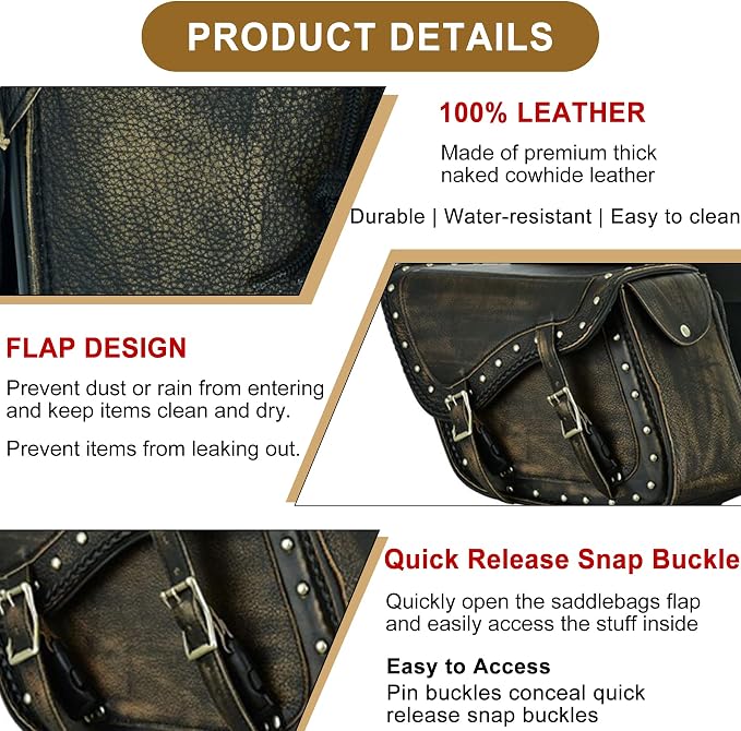 Dream Apparel Naked Cowhide Leather Motorcycle Saddle Bags Studded Throw Over - Image 2