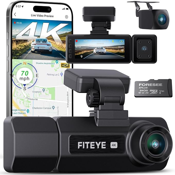 3 Channel 4K Dash Cam, IMX335 STARVIS Sensor, 4K+2K Front and Inside, by Fiteye