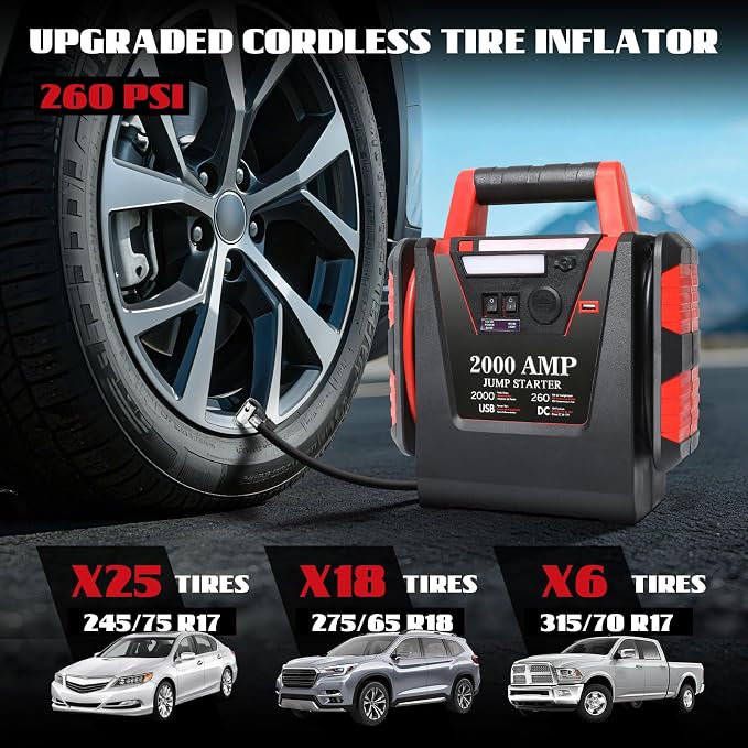 2000A Jump Starter with Air Compressor, Car Battery Jumper Starter 260 PSI Tire - Image 3