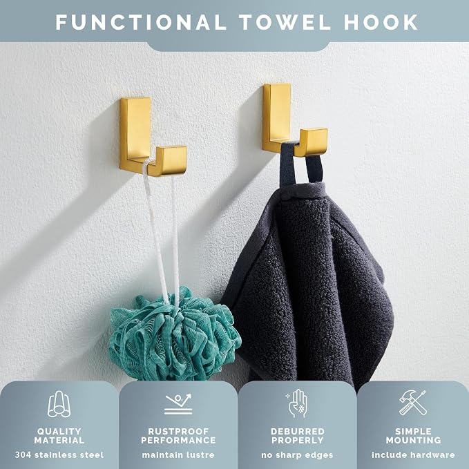 Angle Simple Towel Hook Brushed Gold 2 Pack, 304 Stainless Steel Robe Hook - Image 6