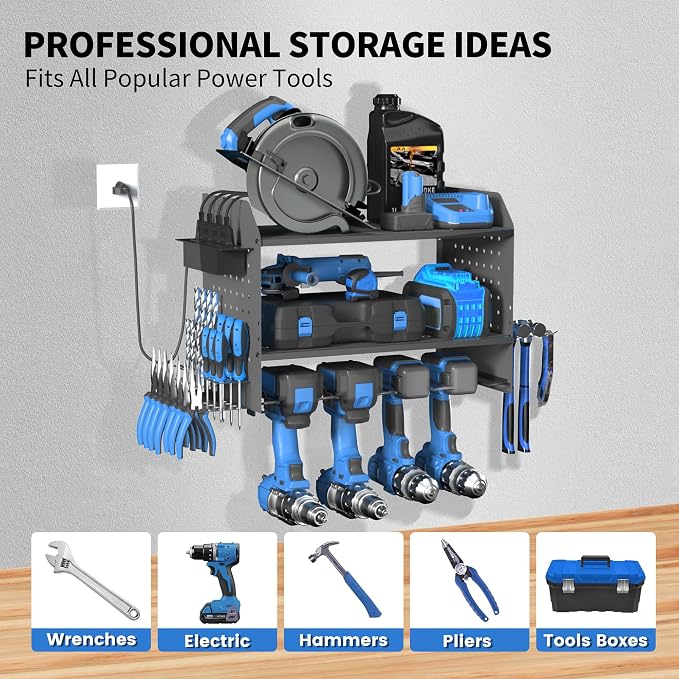 Power Tool Organizer Wall Mount – Adjustable Shelf, Side-Mounted 4-Outlet - Image 2