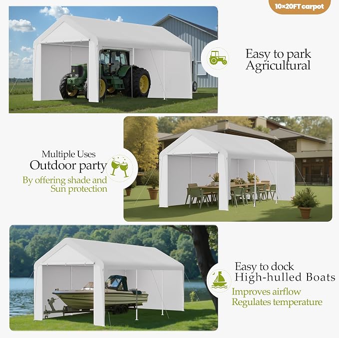 GOJOOASIS 10x20 Carport Heavy Duty Portable Garage Shelter Metal Car Canopy Tent - Image 7