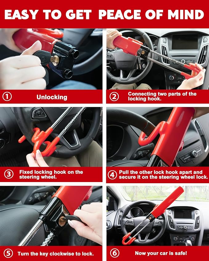 Tevlaphee Steering Wheel Lock Anti-Theft Car Device Heavy Duty Security Car - Image 5