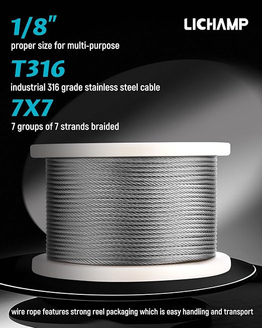 Lichamp 250FT 1/8" Stainless Steel Wire Rope Cable, Aircraft 316 SS Braided - Image 2