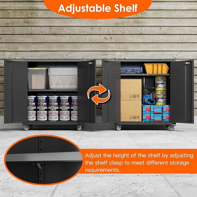 Garage Storage Cabinet with Wheels & Pegboard, 34.3" H Locking Metal Tool - Image 3