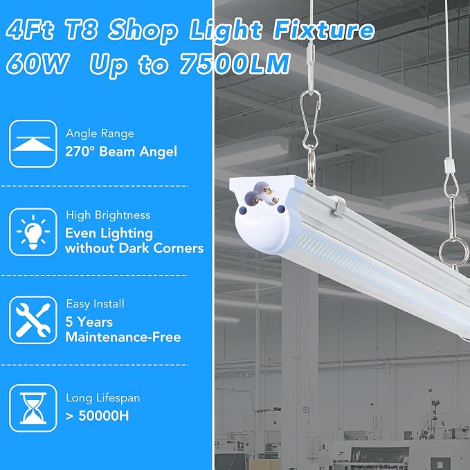 T8 LED Shop Lights 4FT, 4 Pack 60W 9600LM 6000K Daylight White, Linkable - Image 2