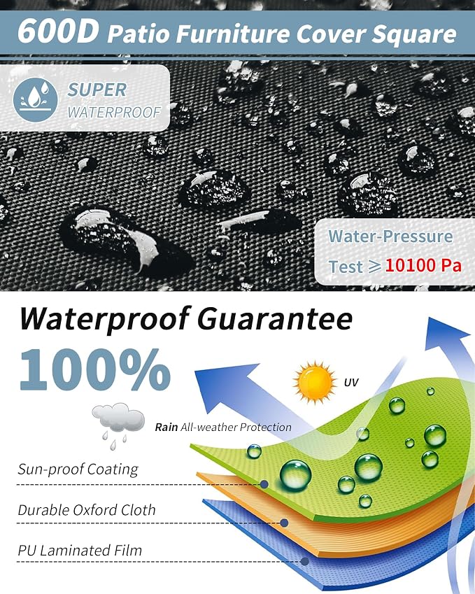 Outdoor Waterproof Furniture Cover, 74W x 74L x 28H inches Heavy Duty 600D - Image 4