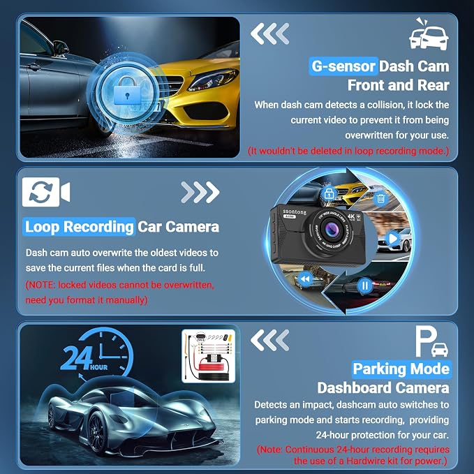 Dash Cam Front and Rear, Dash Cam 4K WiFi/APP Control Dashcam W/ 64GB Card Dash - Image 6