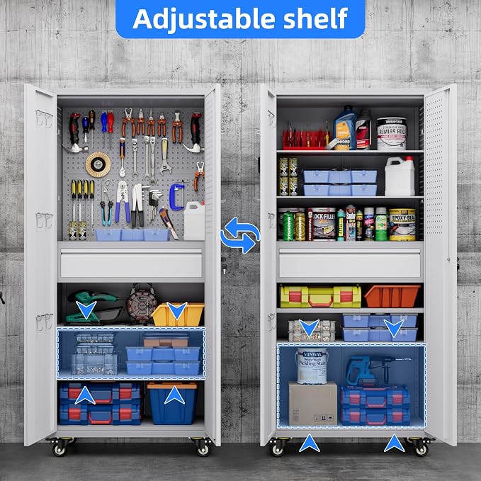 Garage Storage Cabinet with Locking Doors and 2 Adjustable Shelves, Pegboard - Image 6