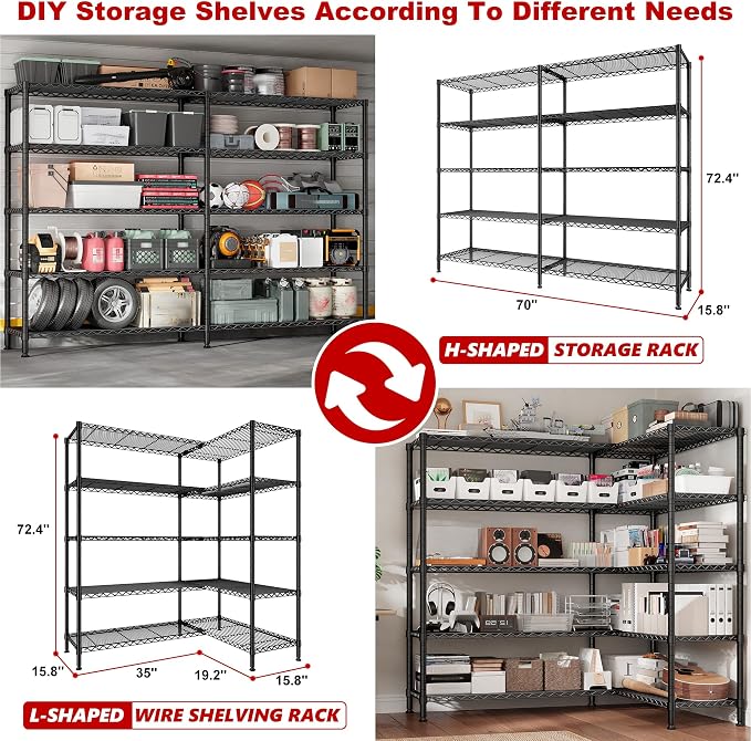 REIBII 70"W Storage Shelves Load 1600LBS, Metal Shelving 5-tier Wire Shelving - Image 7
