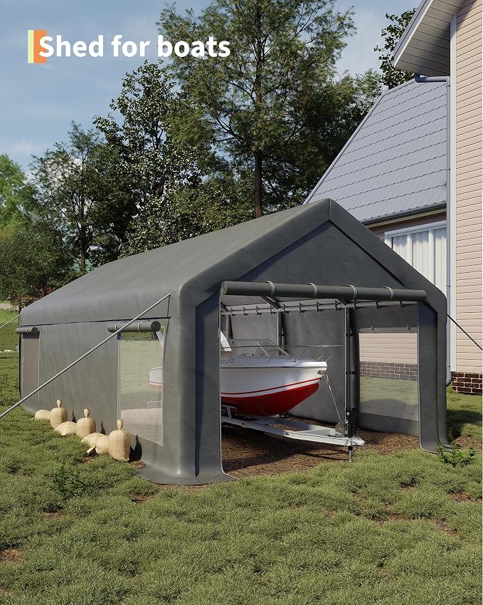 13x25 Ft Carport with 10 Sandbags, Car Port with 220g PE Tarp, 2 Roll-Up Doors - Image 6