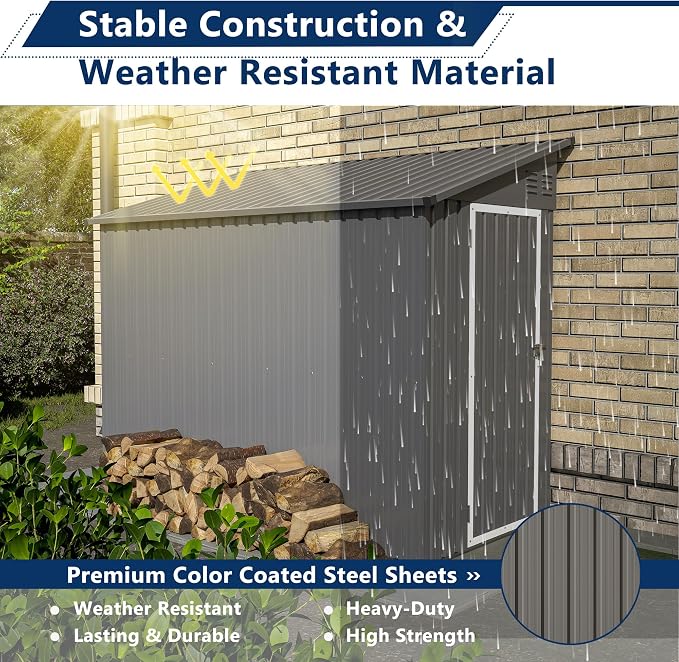 Shed Lean to Storage Shed, Outdoor 4' x 8' Metal Wall Side Storage Sheds & - Image 7