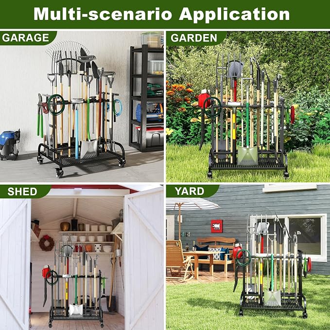 Garden Tool Organizer with Wheels, Large Capacity Garage Tool Rack with Hooks - Image 6