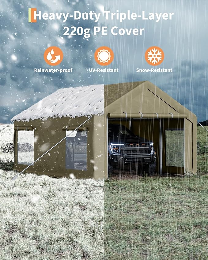 13x20 Ft Carport with 8 Sandbags, Car Port with 220g PE Tarp, 2 Roll-Up Doors - Image 3