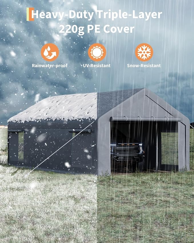 13x25 Ft Carport with 10 Sandbags, Car Port with 220g PE Tarp, 2 Roll-Up Doors - Image 5