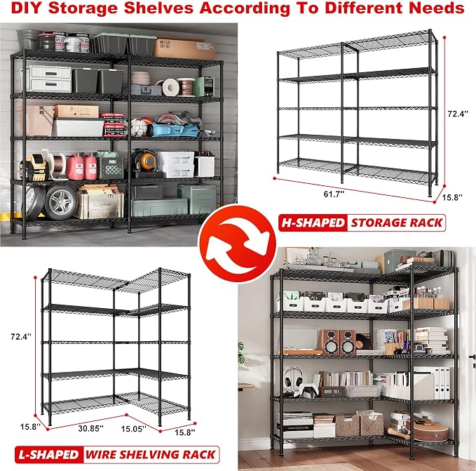 REIBII 5-Tier Heavy Duty Metal Wire Shelves, Industrial Style, 61.7"W x 72.4"H - Image 6
