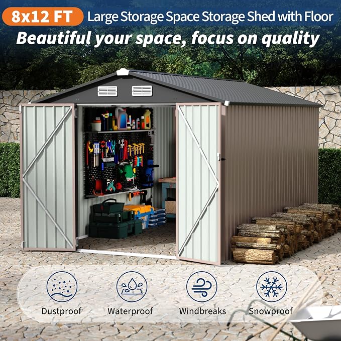8x12 FT Metal Storage Sheds Outdoor, Metal Yard Sheds Garden Shed Kit, Metals - Image 4
