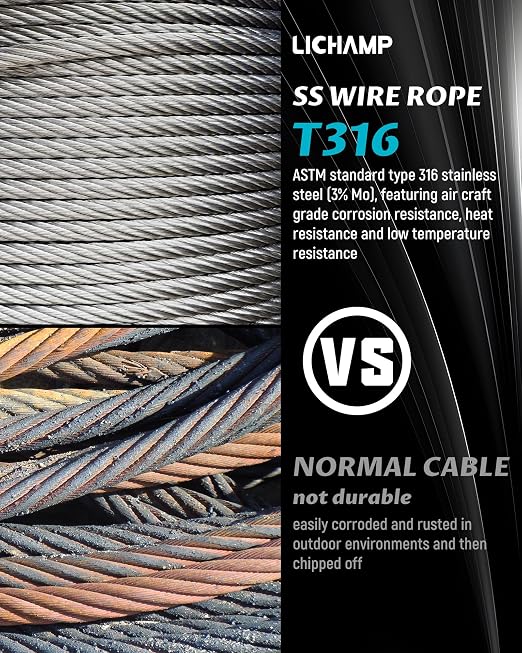 Lichamp 250FT 1/8" Stainless Steel Wire Rope Cable, Aircraft 316 SS Braided - Image 5