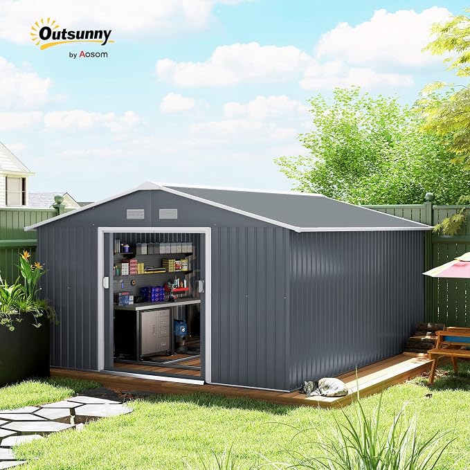 Outsunny 11' x 13' Outdoor Storage Shed, Garden Tool Metal Shed - Image 2