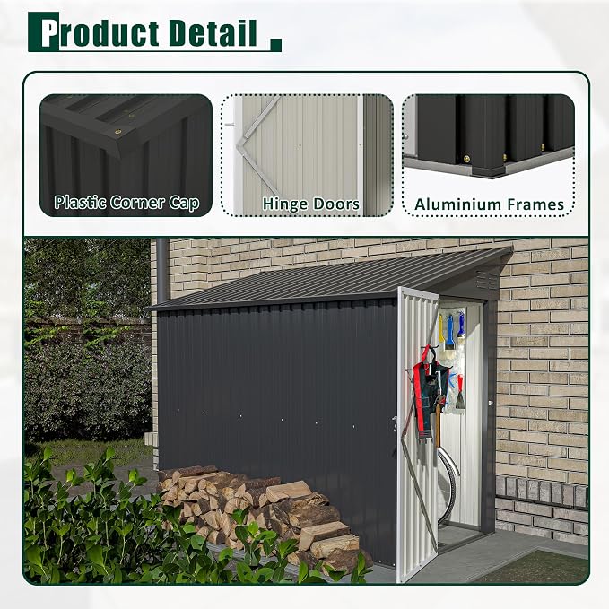 4x8 FT Outdoor Storage Shed, Lean to Metal Shed W/Floor Included, Garden - Image 6
