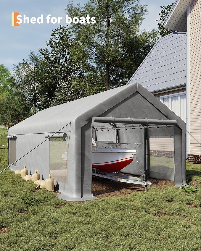 13x25 Ft Carport with 10 Sandbags, Car Port with 220g PE Tarp, 2 Roll-Up Doors - Image 7
