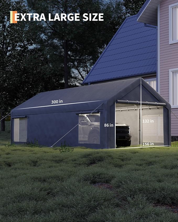 13x25 Ft Carport with 10 Sandbags, Car Port with 220g PE Tarp, 2 Roll-Up Doors - Image 3