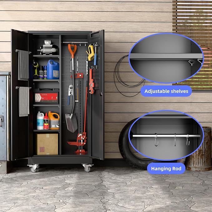 Garage Storage Cabinet with Wheels, 61.7" H Broom Closet Storage Cabinet with - Image 4