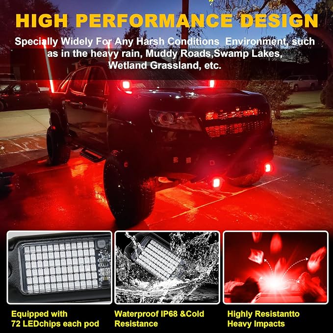 Nicoko 4Pods Pure Red LED Rock Lights 72 pcs LEDs high Power Rock Lights Neon - Image 7