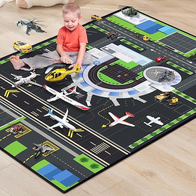 Playmat for Boys Playroom 5'x 6'6" Airport Mat for Kids Bedroom Traffic System by Isyorefam