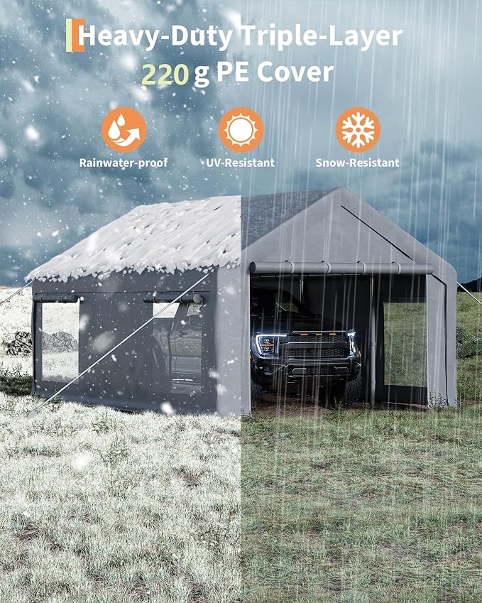 13x20 Ft Carport with 8 Sandbags, Car Port with 220g PE Tarp, 2 Roll-Up Doors - Image 3